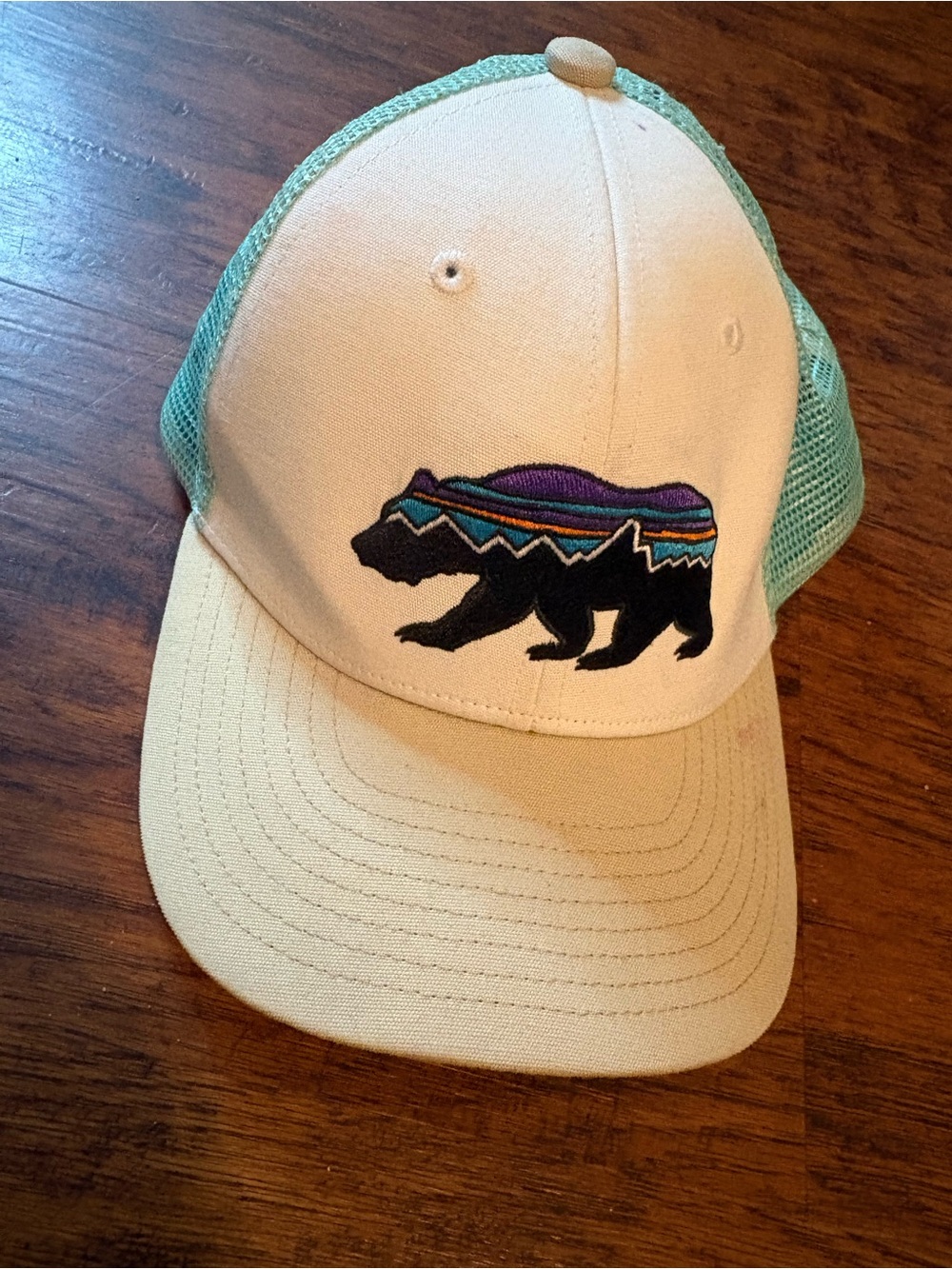 Patagonia Cream and Mint Trucker Hat with Multicolor Bear Patch